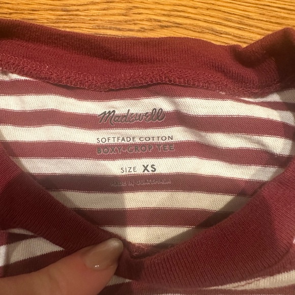 Madewell Soft Fade Cotton Boxy Crop Tee, Burgundy and White Stripe, XS oversized - Picture 5 of 7
